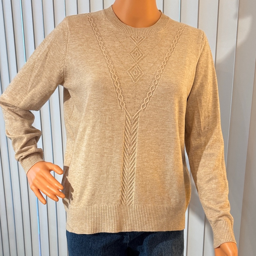 Women's Beige Crewneck Sweater with Cable-Front Detail
